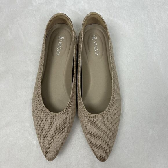 Vivaia Shoes Womens Size 39 Beige Knit Pointed Toe Flats Slip On Comfort Ballet - Picture 2 of 7